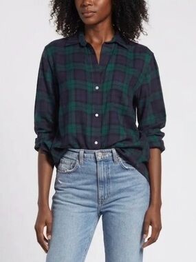 Grayson The Hero Liquid Plaid Button Down Top Blouse Green Navy Size Small (02)